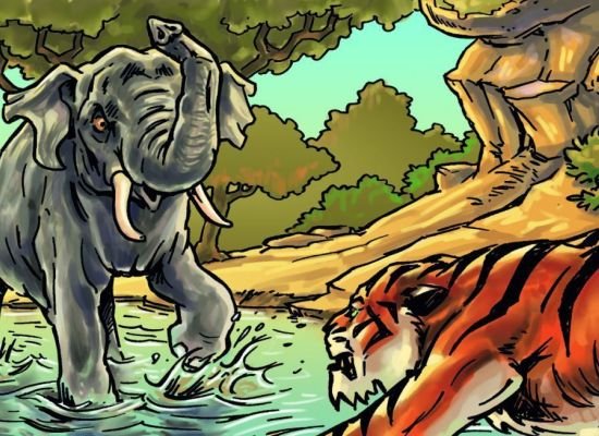 Illustratie uit boek Jungle-avonturen van Shanti en Mowgli 